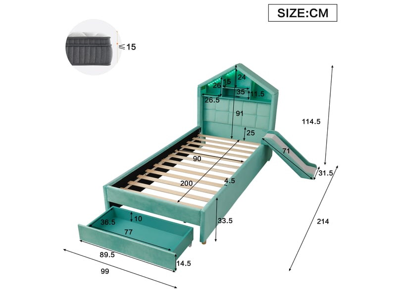  Lit cabane enfant 90x200 cm avec toboggan réversible, led, port de charge, rangement, velours bleu-vert sans matelas  - Conforama C