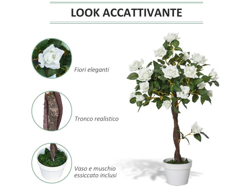  Plante artificielle de rose avec 21 fleurs, pot en béton et mousse, décor résistant aux uv, ø18x90 cm, blanc et vert  - Conforama D