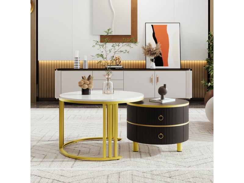  Table basse ronde ensembles mdf noir avec deux tiroirs  - Conforama B