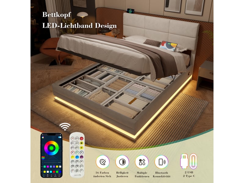 Lit coffre 180x200 cm, lit double, rangement hydraulique, led, usb et usb-c, tête de lit réglable, velours beige - Conforama E