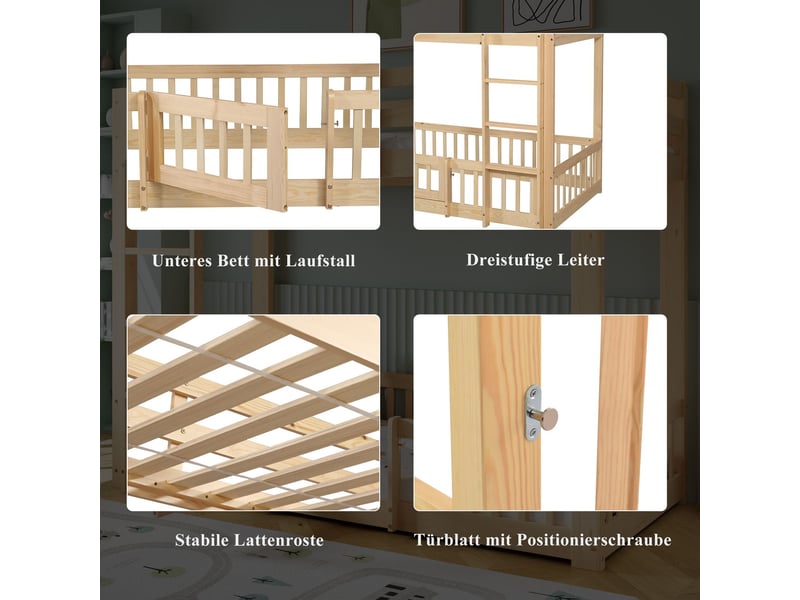  Lit superposé enfant 90x200, sécurisé lit cabane, bois massif, espace jeux sous le lit  - Conforama D