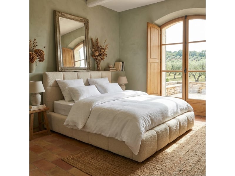 Lit coffre 160 x 200 cm en tissu capitonné bouclette beige – miracle - Conforama B