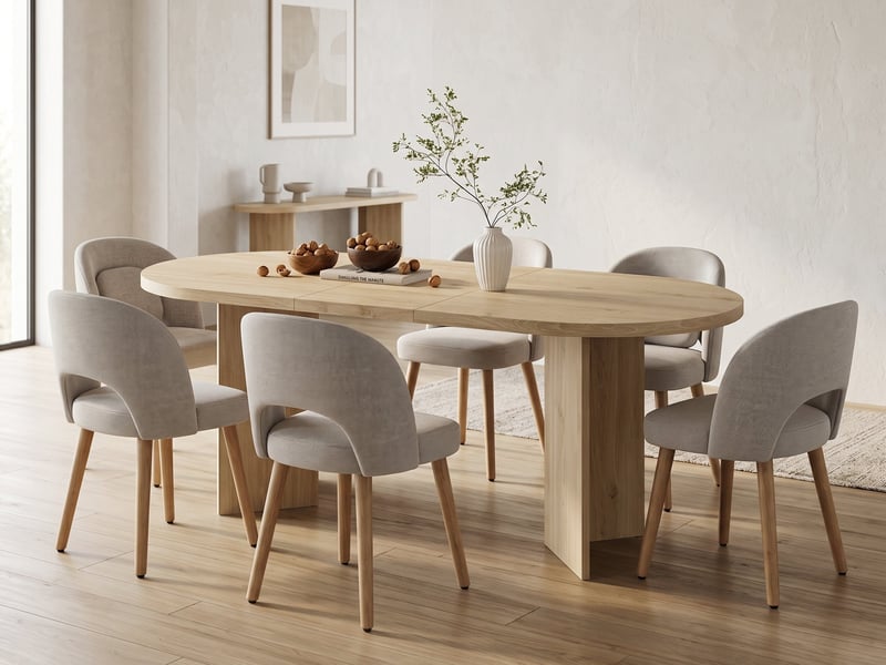  Ensemble table 200 x 90 cm et 6 chaises de salle à manger, coins arrondis, plateau épais, chaises en bois avec coussins, style épuré  - Conforama B