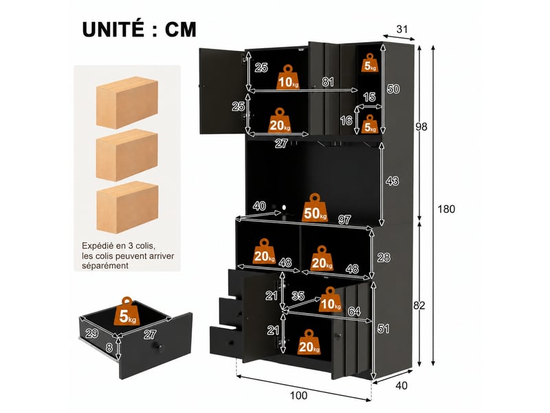  Armoire de cuisine haute avec vitrine, éclairage led rgb et prises usb, 100 x 40 x 180 cm, noir  - Conforama D
