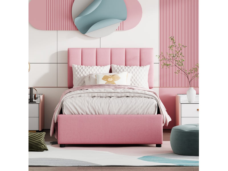  Lit enfant 90x200 cm avec coffre hydraulique, sommier à lattes, rose  - Conforama D