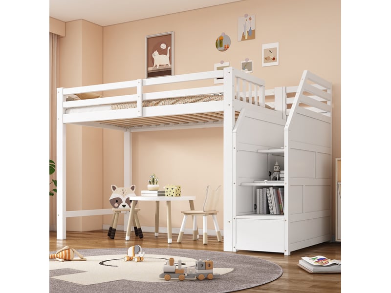  Lit mezzanine enfant 90x200 cm avec escalier de rangement en pin et mdf blanc  - Conforama D