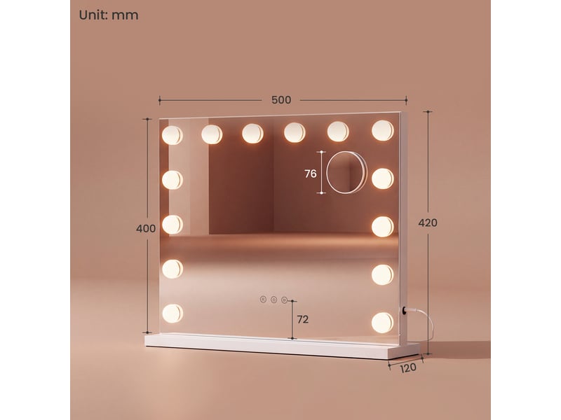  Miroir coiffeuse led 50 x 42 cm - avec miroir grossissant 10x amovible, 3 couleurs d’éclairage et mémorisation du réglage - rectangulaire, à poser ou à fixer au mur  - Conforama E