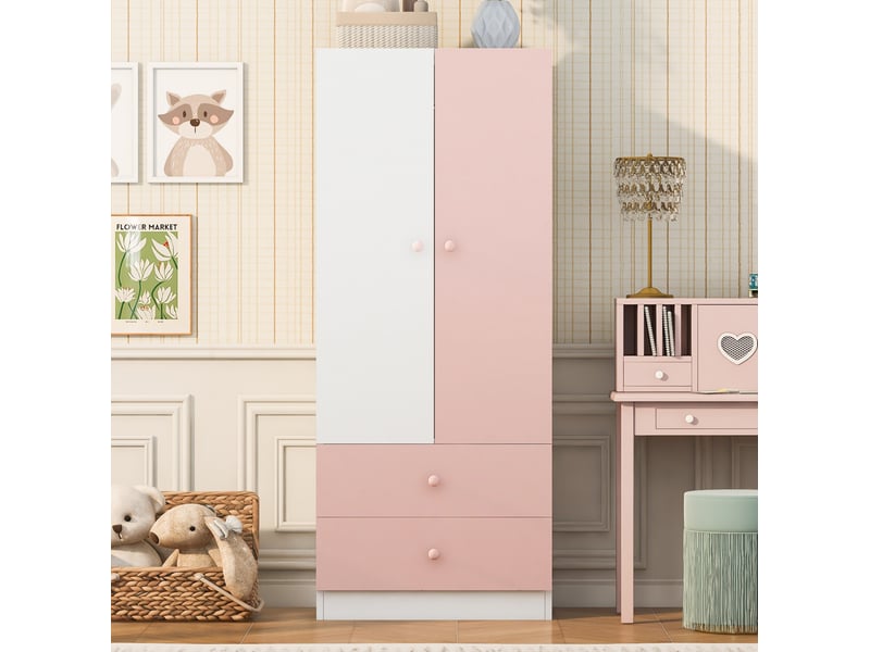  Armoire 2 portes et 2 tiroirs 70x40x170 cm, rose et blanc  - Conforama D