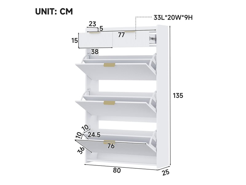  Meuble à chaussures 80x25x135 cm, 3 compartiments basculants et 2 tiroirs, panneau de particules, blanc  - Conforama C