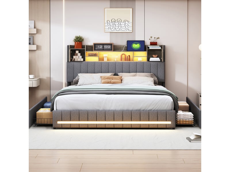  140 x 200 cm lit coffre rembourré avec tête de lit intégrant des rangements et 4 tiroirs ; cadre de lit deux places moderne gris foncé avec bande led et ports usb (matelas non inclus) 240727HGY0301#ADHWdX5eNeFRHF - Conforama B