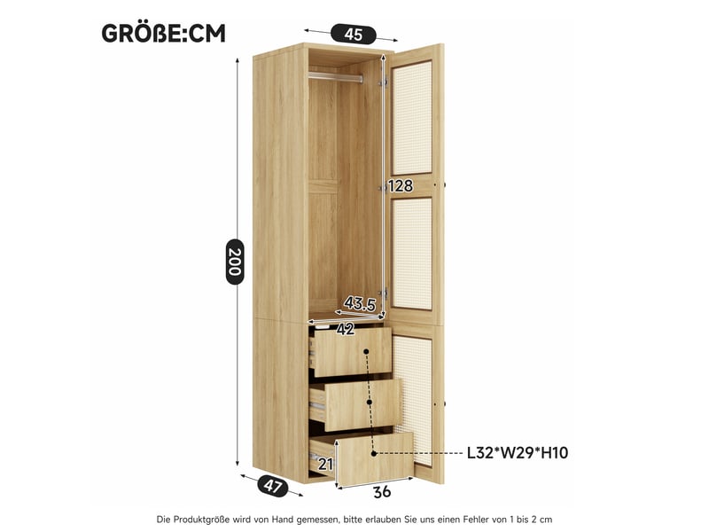  Armoire étroite 45 x 47 x 200 cm avec 1 porte, 1 penderie et 3 tiroirs, façade en cannage rotin, meuble moderne à porte battante pour chambre, salon ou entrée OPULERANE TRADING LTD - Conforama D