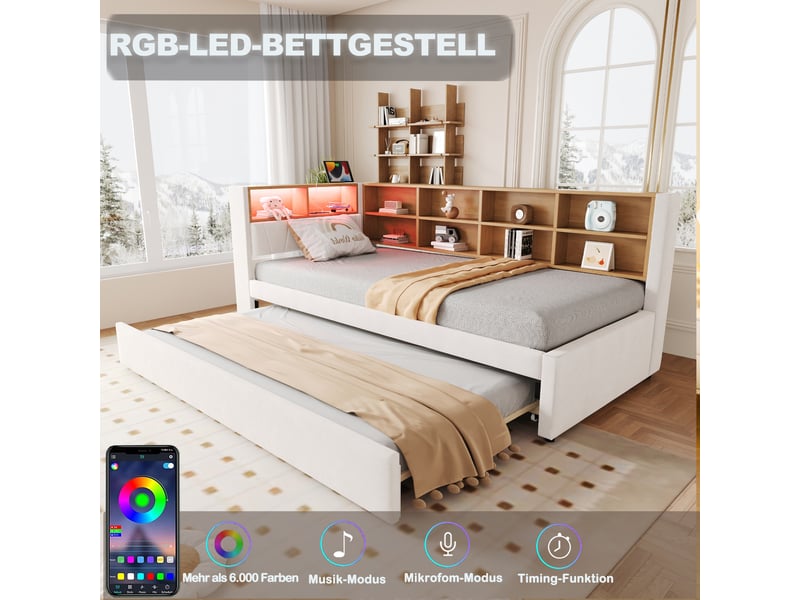  Lit banquette rembourré 90x200 cm avec lit gigogne 90x190 cm, rangements, led, usb, usb-c et prise électrique, sommier à lattes, flanelle beige Radiant Stride - Conforama E