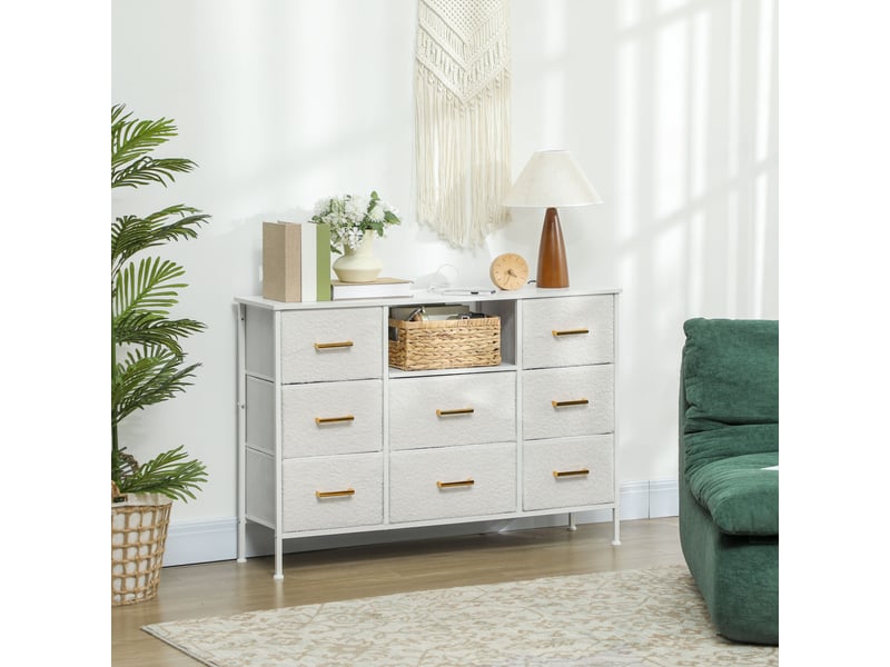  Commode 8 tiroirs en tissu bouclette, structure en acier 110x30x76cm crème, meuble de rangement avec 2 prises de courant  - Conforama D