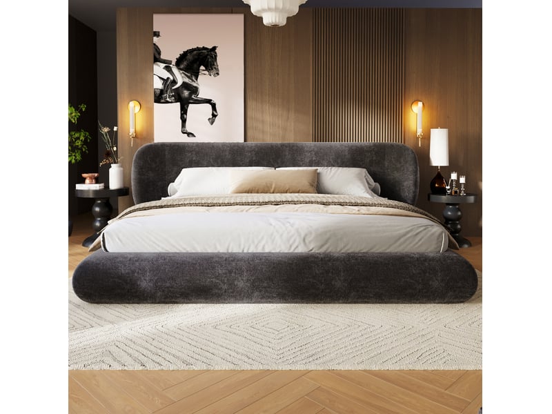 Lit double capitonné 180x200 cm avec sommier à lattes et tête de lit, lit adulte en chenille gris, sans matelas - Conforama B