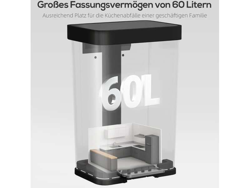  Poubelle de cuisine à pédale 60 l en acier inoxydable argenté, couvercle silencieux et anti-empreintes  - Conforama E