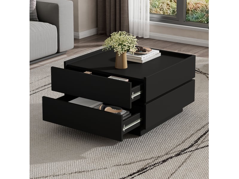  Table basse carrée 60x60x38 cm noire pivotante à 360° avec 2 tiroirs  - Conforama D