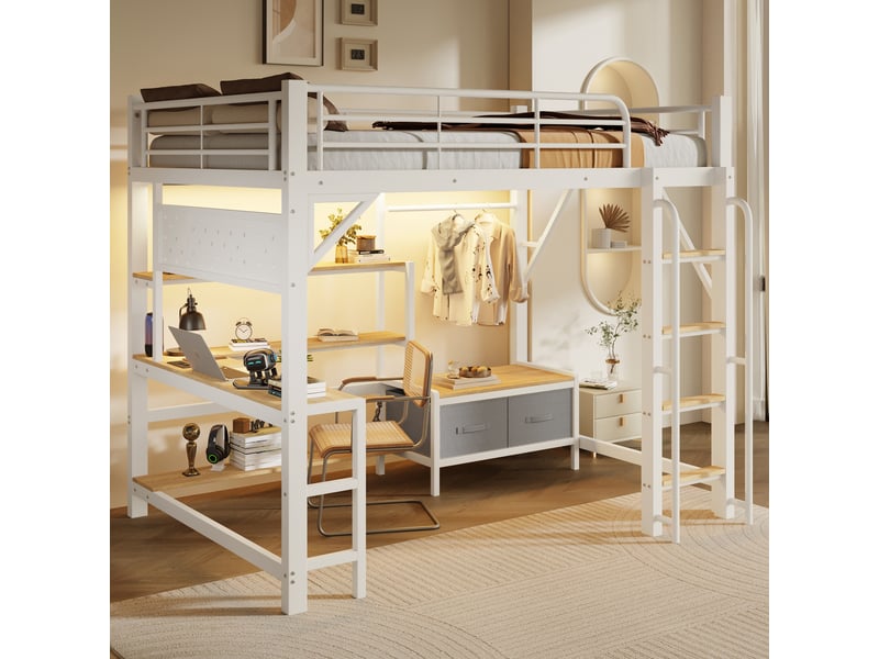 Lit mezzanine enfant 140×200 cm, étagères, 2 tiroirs, bureau, led et usb - okmyhome- blanc, sans matelas - Conforama C