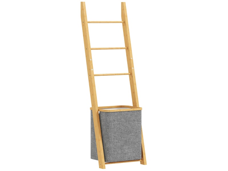 Porte-serviettes bambou avec panier à linge, échelle porte-serviettes avec 1 panier à linge, gris, 43 x 35 x 133 cm - Conforama B