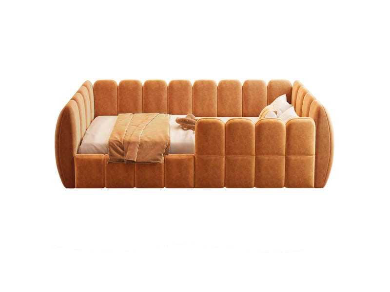  Lit enfant au sol 90x200 cm à entourage capitonné fermé, coins arrondis et revêtement velours orange Fay Lum - Conforama A