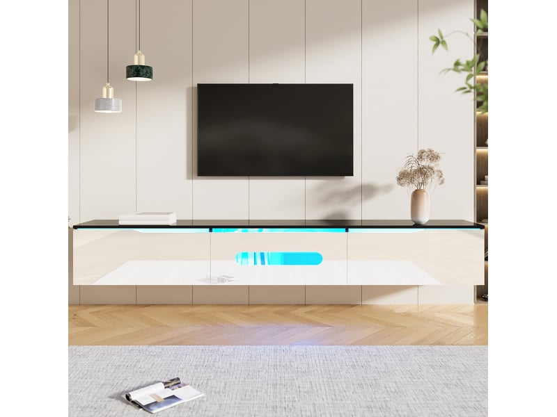 Meuble tv noir et blanc 180 cm, led 16 couleurs, mural ou à poser, finition brillante - Conforama E