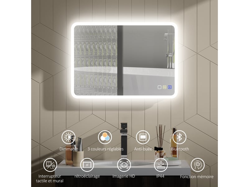 Miroir salle de bain led bluetooth 50x70 cm tactile lumière réglable 3 couleurs anti-buée argent - Conforama C