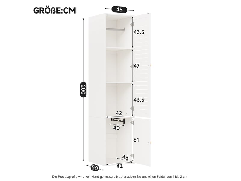  Armoire penderie 45 x 50 x 200 cm blanche en panneaux de particules, porte à lamelles, 3 rangements  - Conforama C