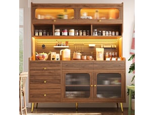 Buffet haut 145x39x171 cm avec led via app, panneau perforé, tiroir et étagères en verre, cuisine salon, mdf et verre, effet noyer