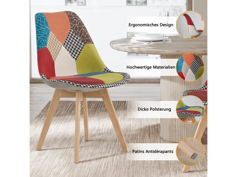  Lot de 6 chaise de salle à manger en lin - avec pieds en hêtre massif, design rétro patchwork multicolore rembourrées(rouge)  - Conforama D