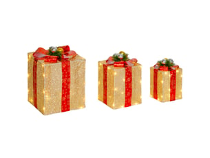 Boîtes cadeaux noël lumineuse décorations de noël avec nœud 58 lumières lot de 3 boîtes à cadeaux à led or