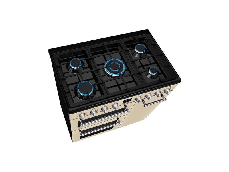  Cuisiniere pose libre 90 cm 5 foyers gaz avec 3 fours creme verre 7798911 - Conforama C