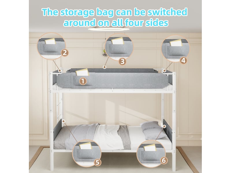  Lit superposé 90x190 cm séparable en 2 lits simples, barrières amovibles en lin, structure en fer blanc sans matelas  - Conforama E