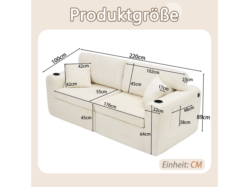  Canapé relax 2 places, canapé droit 220x100x89 cm, poche latérale, porte-gobelet, coussins inclus, en tissu chenille doux beige, pour petits espaces  - Conforama C