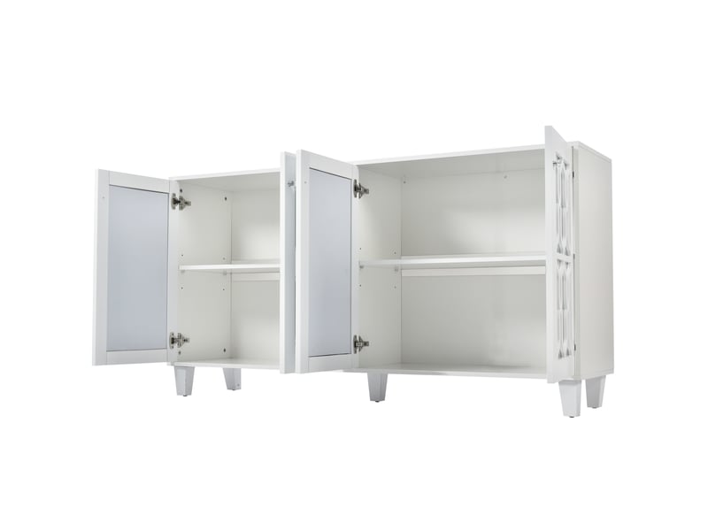 Buffet miroir blanc 160x40x84 cm avec 4 portes et étagères réglables, design élégant  - Conforama D