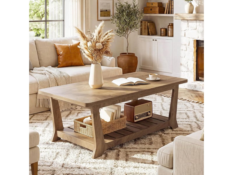  Tables basses rectangulaires avec espace de rangement pour le salon, table basse de 120 cm en bois brun style champêtre, à deux niveaux avec étagères  - Conforama B