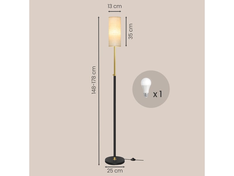 Lampadaire réglable en hauteur 148 x 25 x 25 cm avec interrupteur au pied style moderne déco intérieur en acier noir 12_0012985  - Conforama B