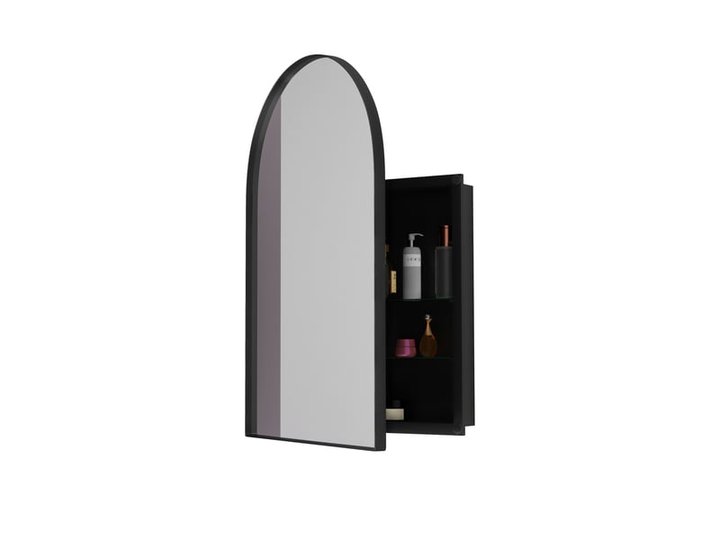  Armoire miroir murale arquée noire, cadre métal, étagères réglables, encastrable  - Conforama E