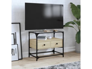 Meuble tv - banc tv - meuble de rangement avec dessus en verre chêne sonoma bois d'ingénierie