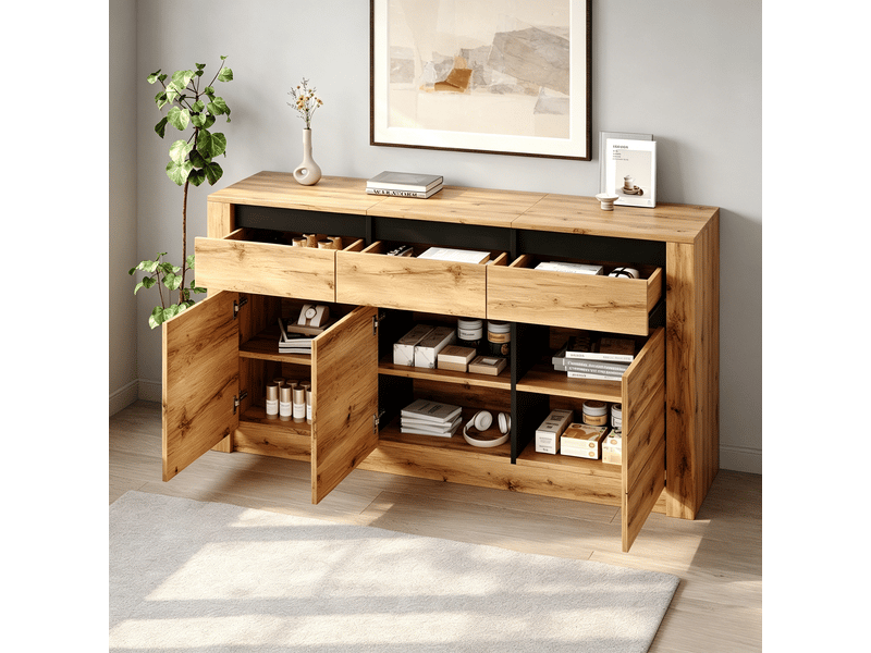  Buffet effet bois et noir 3 portes 3 tiroirs 135x35x70cm  - Conforama C
