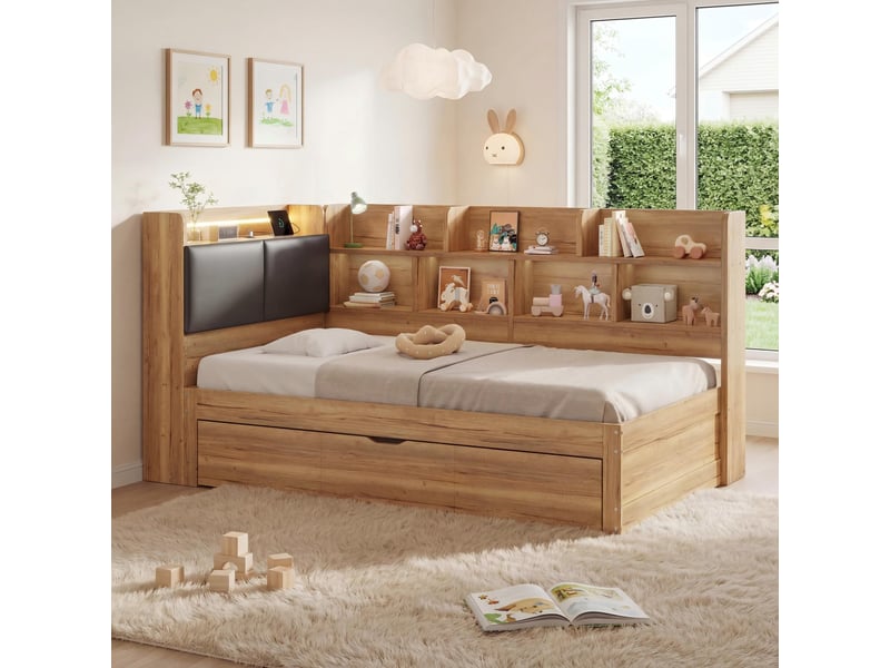  Lit enfant gigogne en bois 90x200 cm avec couchage 90x190,éclairage led et port usb-c rangements et sommier à sattes mdf naturel BUYDEEMEUS - Conforama E