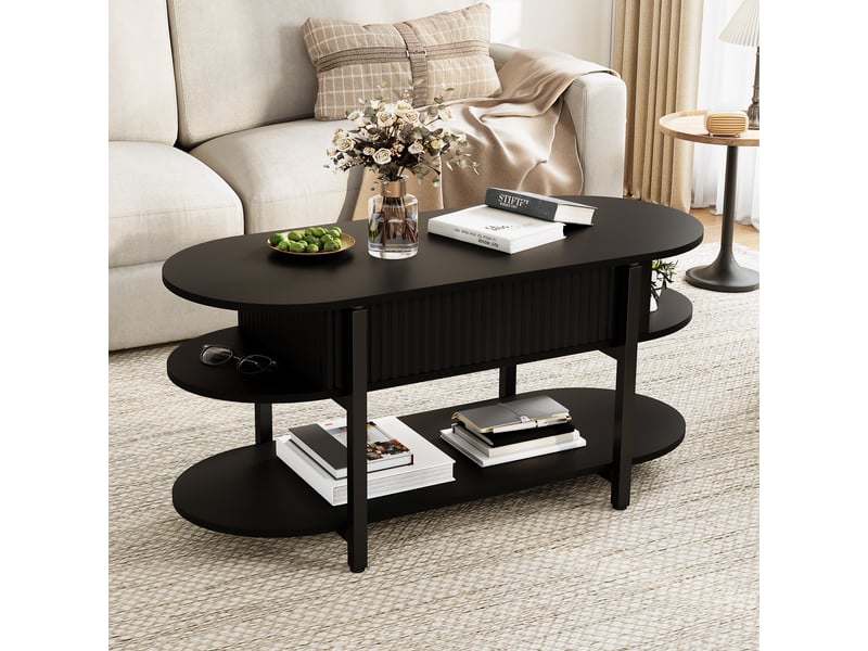  Table basse réglable en hauteur, plateau ovale, espace de rangement dissimulé, 106x50x45 cm,noir  - Conforama B