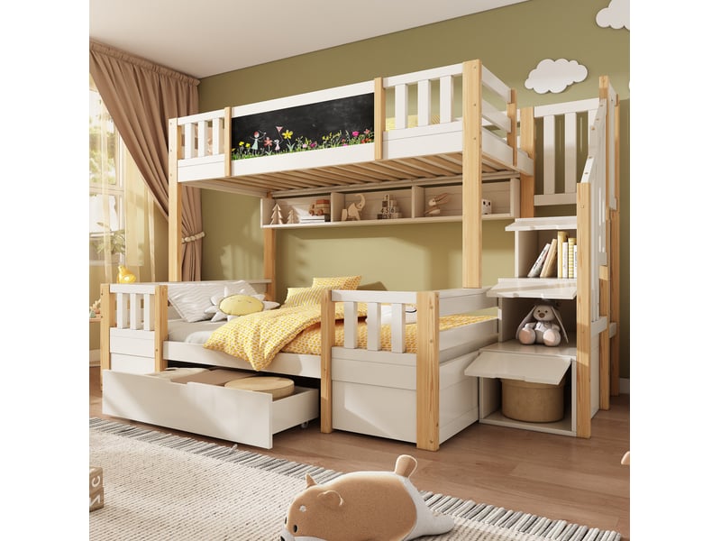  Lit superposé enfant 90x200 et 140x200 cm avec escalier de rangement, blanc et naturel  - Conforama B