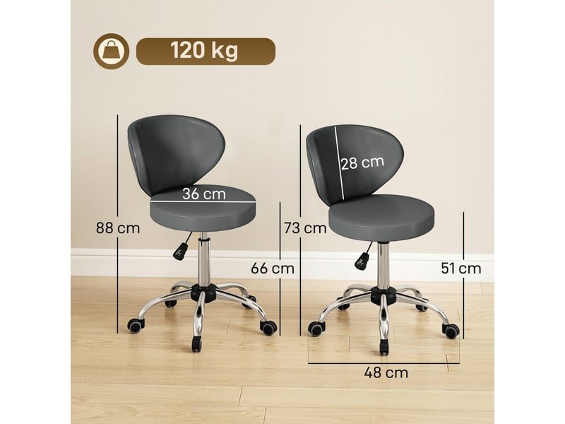 Tabouret de massage à roulettes en pu gris avec hauteur réglable de 73 à 88 cm dossier et rotation à 360 degrés - Conforama C