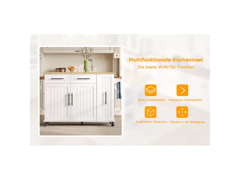 Îlot de cuisine noir avec rallonge, roulettes, panier de rangement à 3 niveaux, étagère interne, porte-serviettes et 2 tiroirs - Conforama C