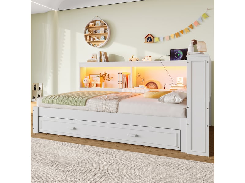  Lit enfant 90x200 cm avec lit gigogne, led intégrée, usb et type-c, sommiers, mdf et pin, blanc, sans matelas  - Conforama W