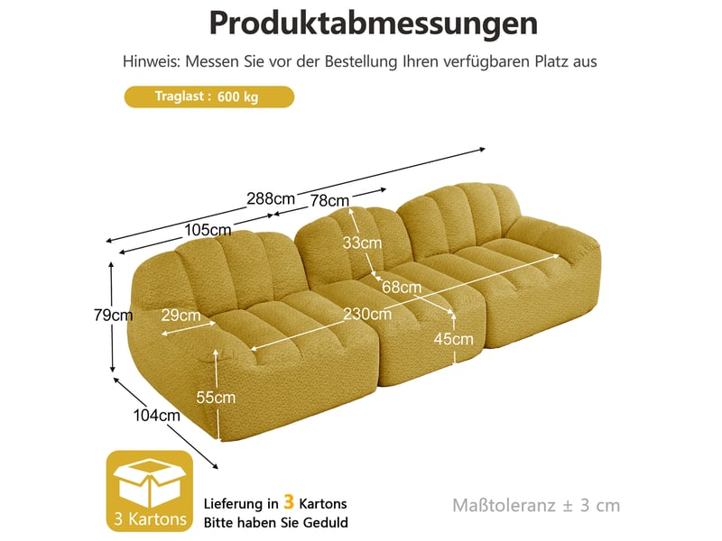  Canapé droit modulable 3 places en tissu bouclette jaune, sans structure, idéal pour le salon familial  - Conforama C