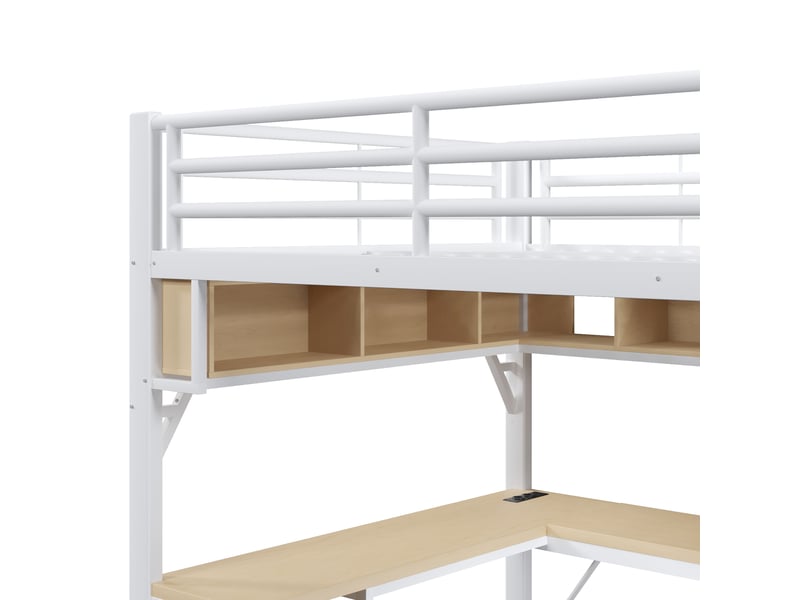 Lit mezzanine gaming 140x200 cm blanc, avec bureau, rangements, étagères, placard, led, usb, structure métal, sommier inclus, sans matelas - Conforama D