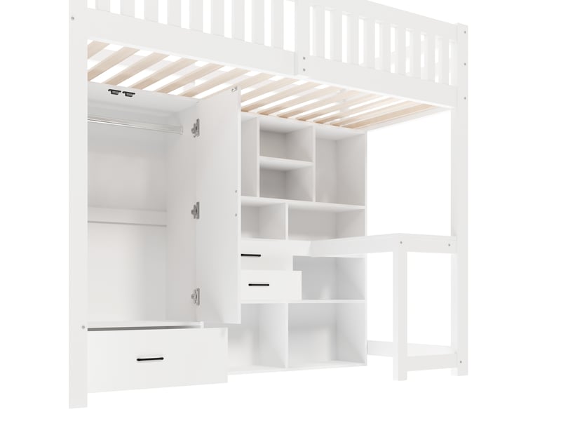  Lit mezzanine 90x200 cm avec bureau, armoire et rangements bois mdf blanc sans matelas  - Conforama D