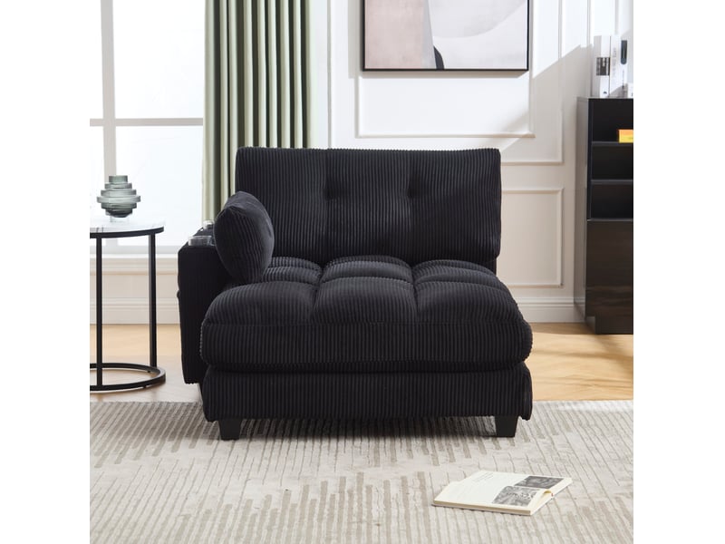  Fauteuil relax fixe en velours côtelé noir avec usb, porte-gobelets et poche latérale, 112 × 140 × 81 cm  - Conforama E