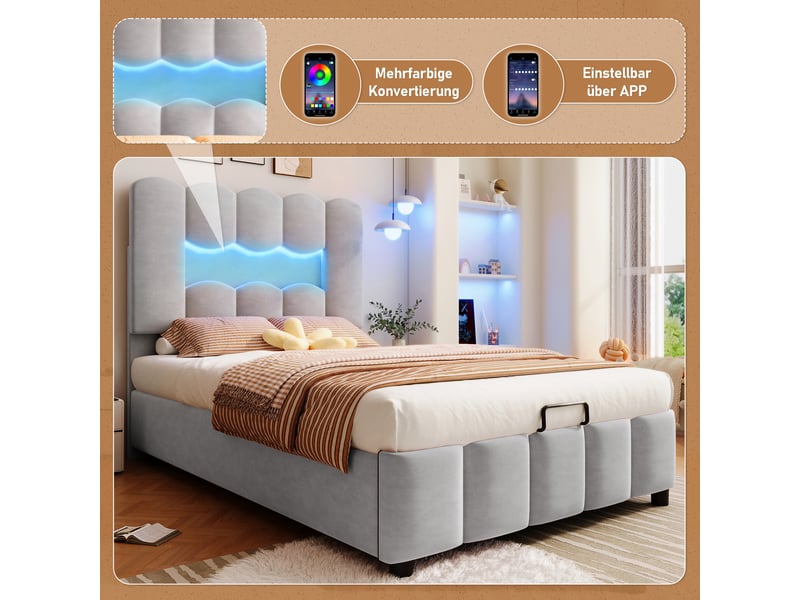  Lit rembourré 90 x 200 cm sans matelas, éclairage led, coffre hydraulique, tête réglable, velours gris  - Conforama C