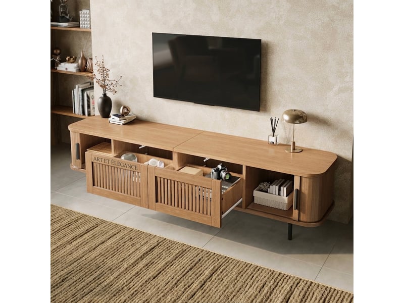  Meuble tv 180 cm avec led portes coulissantes bords arrondis naturel  - Conforama D